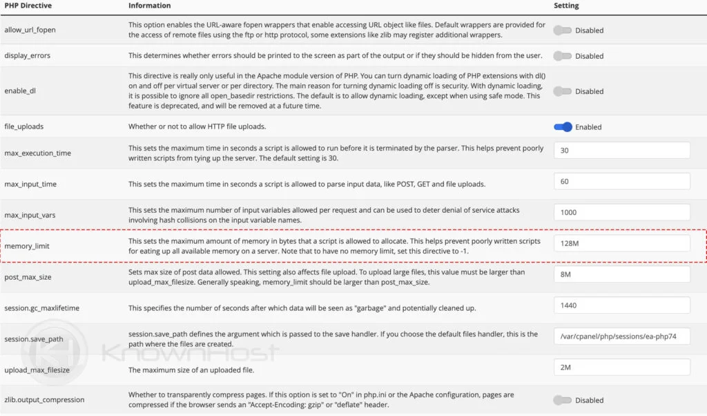 memory_limit increase in the cpanel