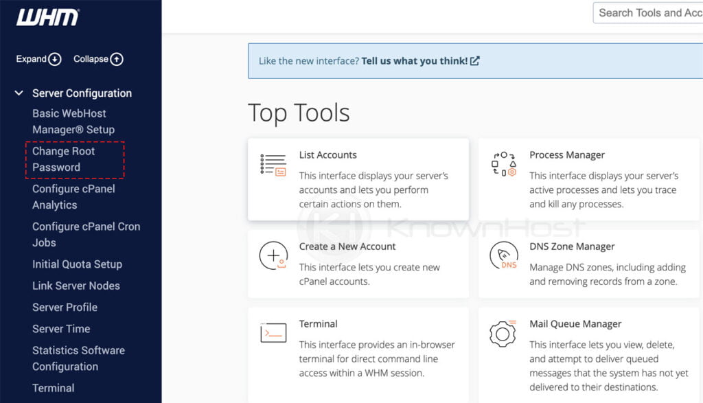 navigate to change root password whm