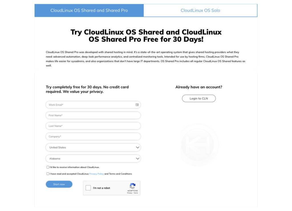 cloudlinux trial page