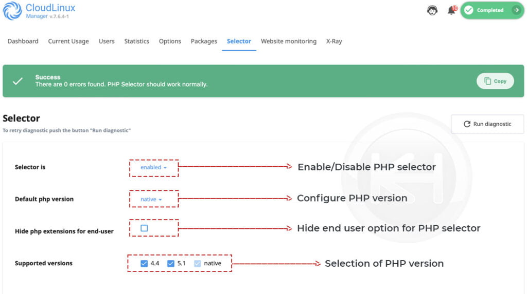 php selector configuration cloudlinux save