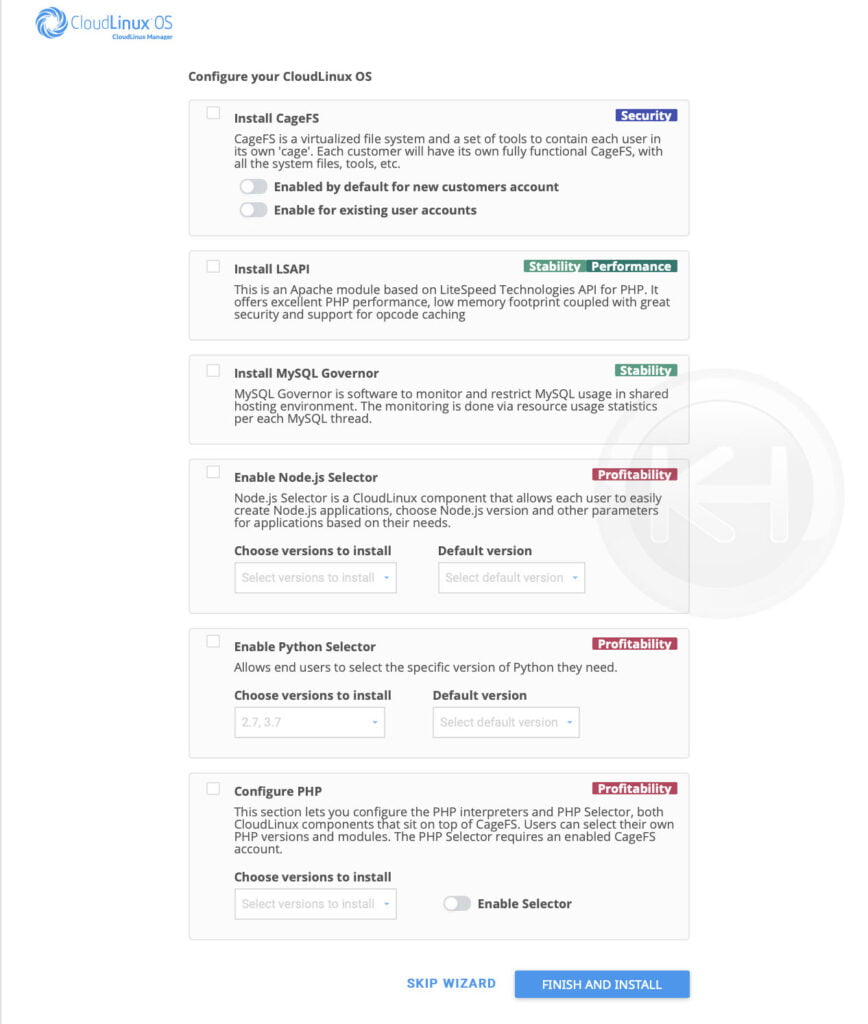 select cloudlinux features to install and finish the installation
