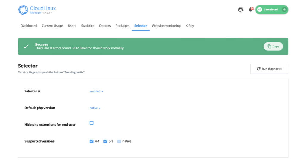 selector interface cloudlinux