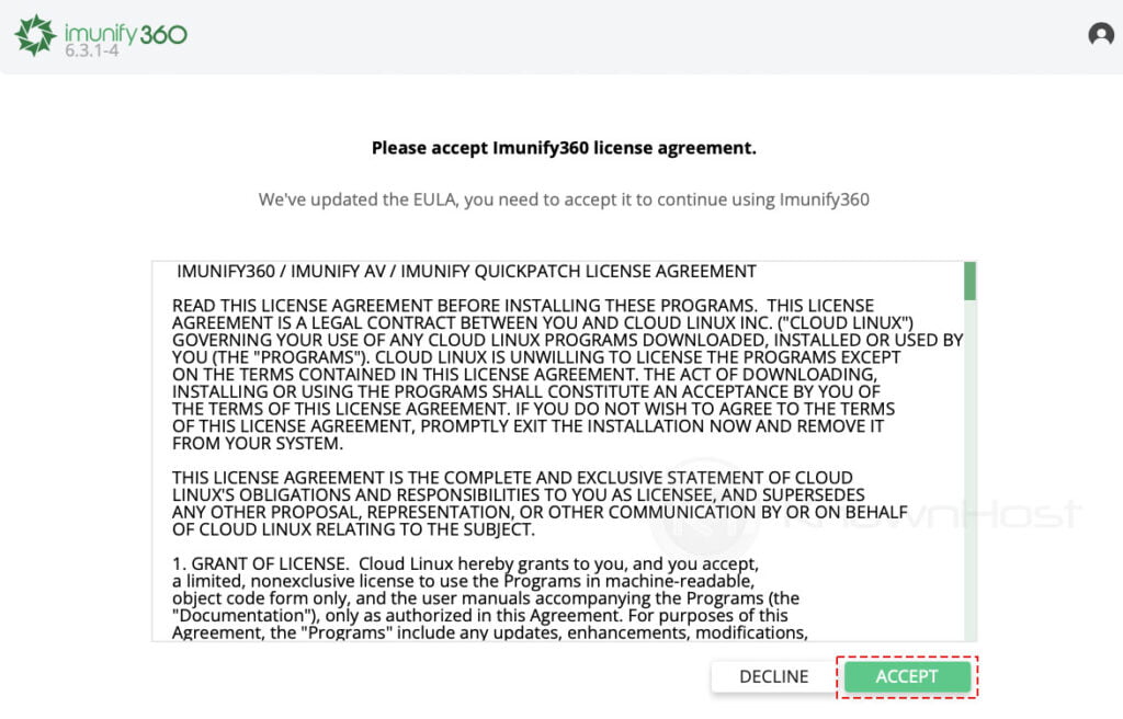 accept the TOS imunify360