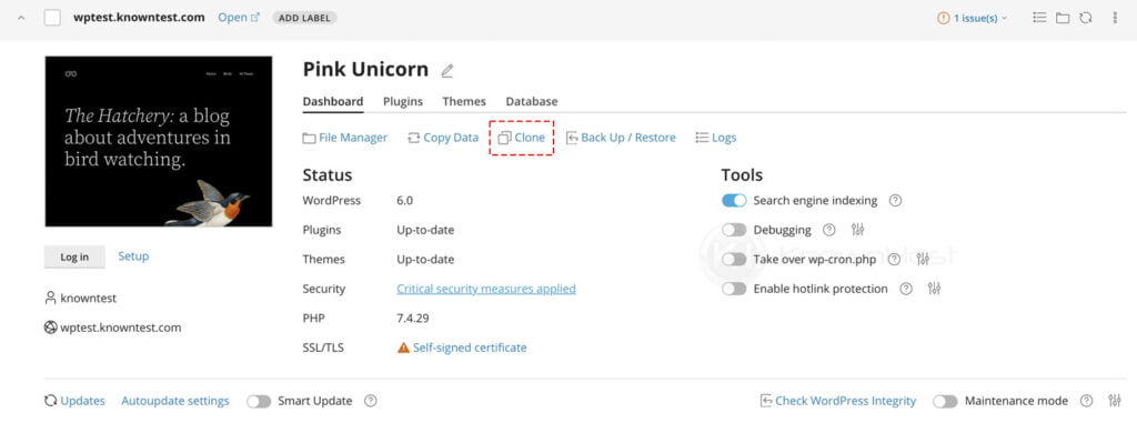 click on the clone option for the wordpress staging