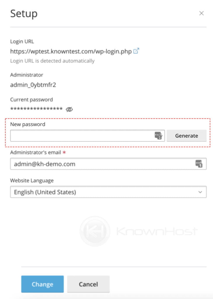 enter the new password for wordpress toolkit website
