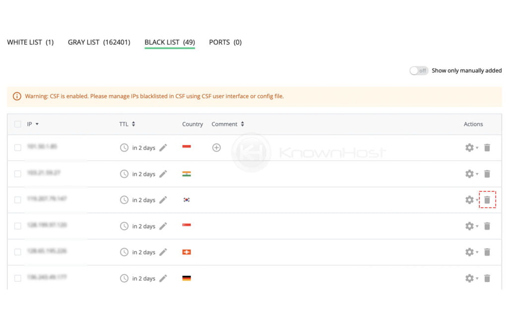 select IP and click on trash button blacklist