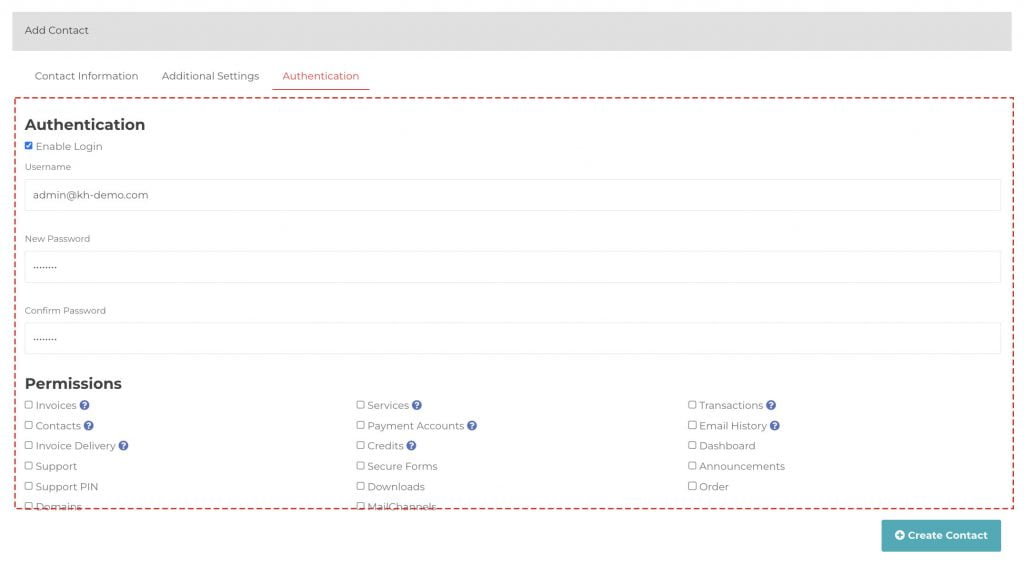 authentication configuration for contact billing portal