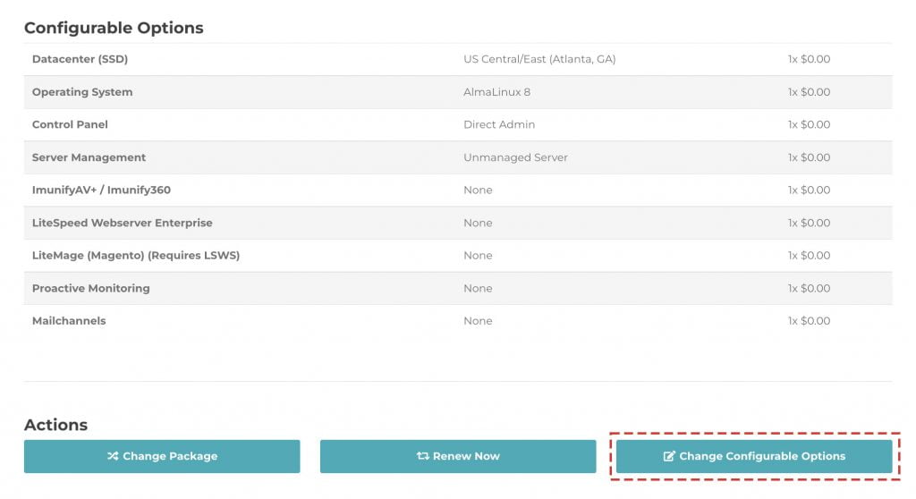 change configurable options to add remove features billing portal