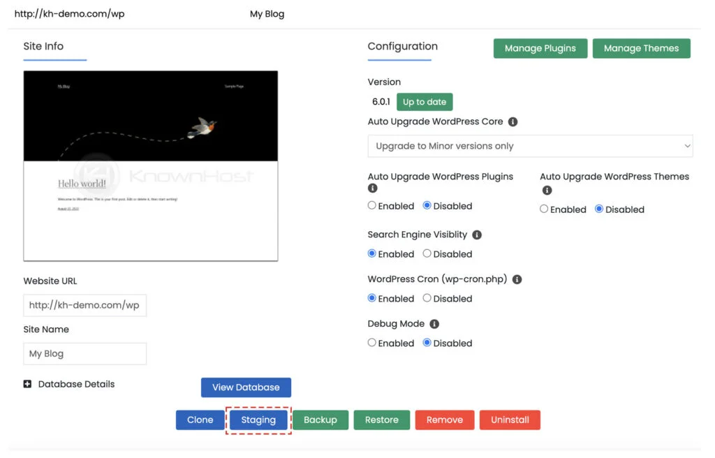 click on staging wordpress manager softaculous