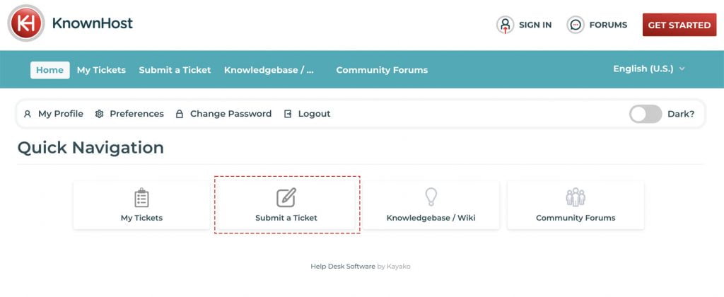 click on submit ticket support portal knownhost