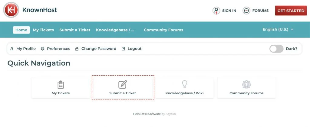 click on submit ticket support portal knownhost