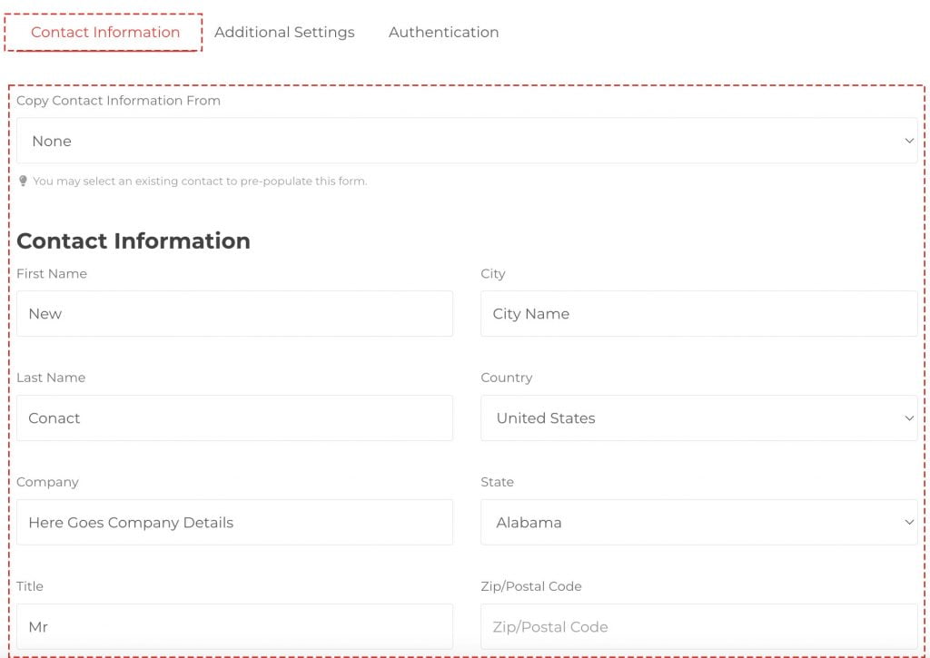 contact information of contact billing portal