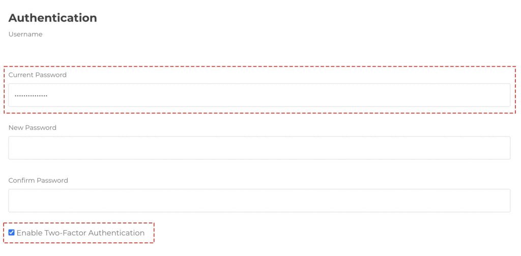 enter current password and enable 2fa option