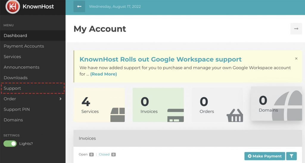 knownhost dashboard click on support