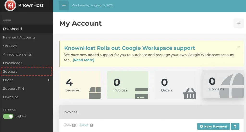knownhost dashboard click on support