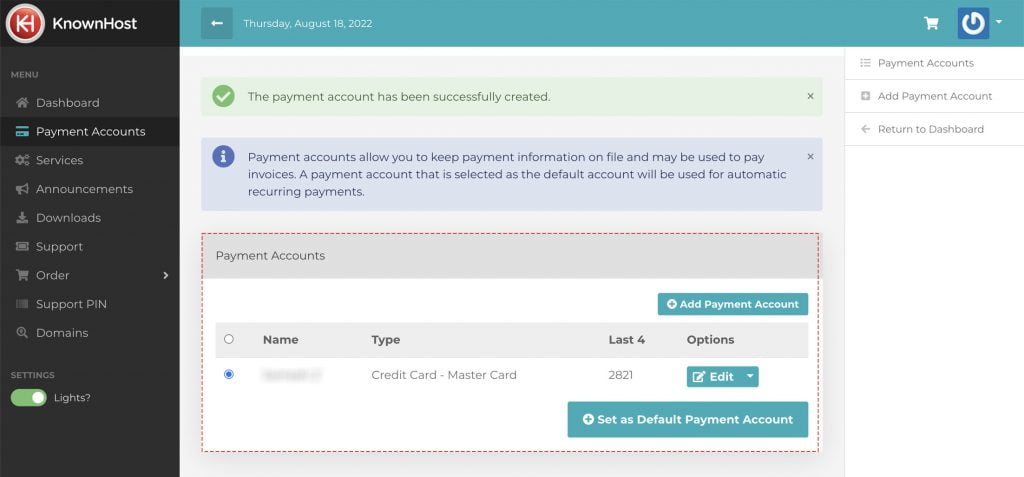 manage payment accounts through billing portal knownhost