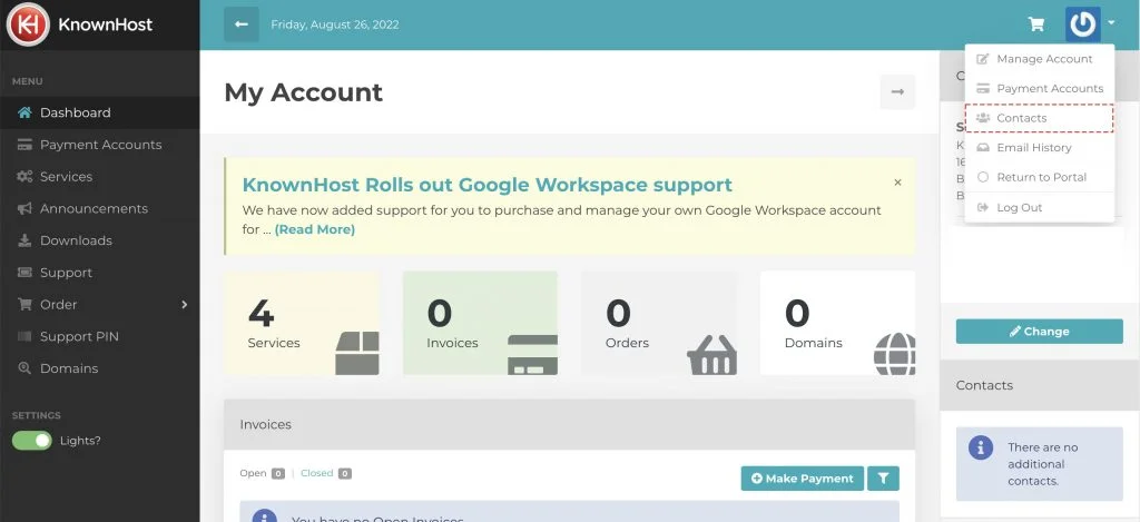 navigate to contacts billing portal knownhost