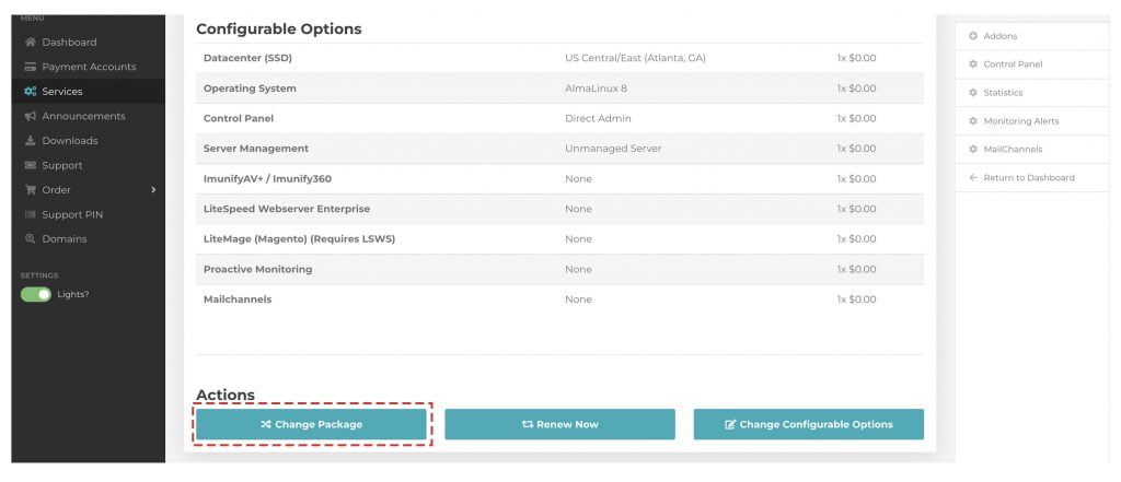 services click on change package option billing portal