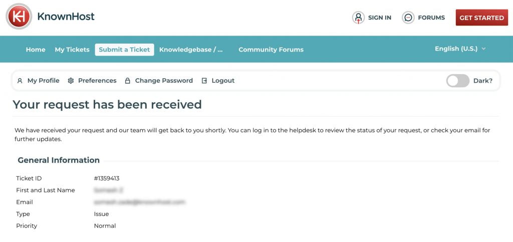 ticket confirmation email knownhost