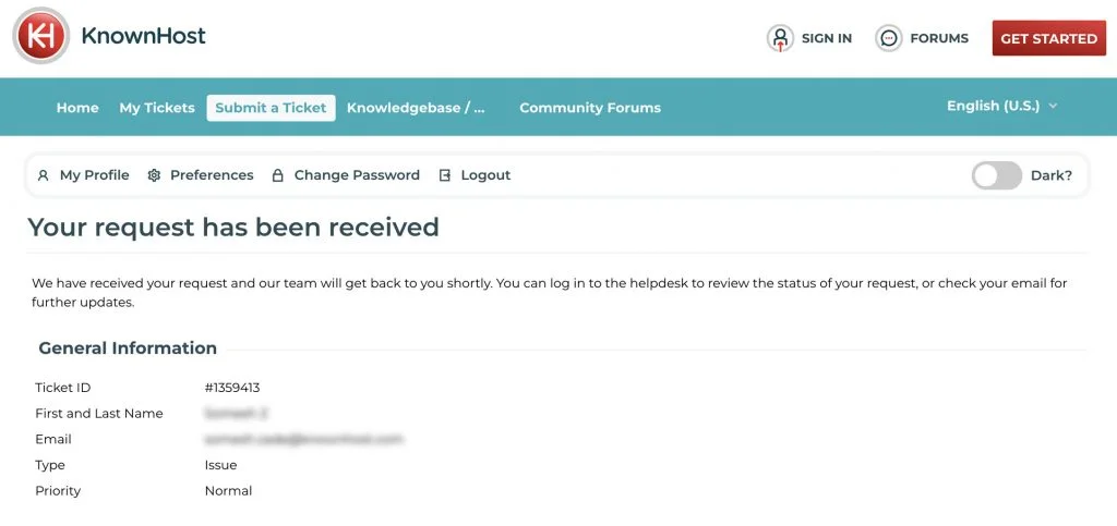 ticket confirmation email knownhost
