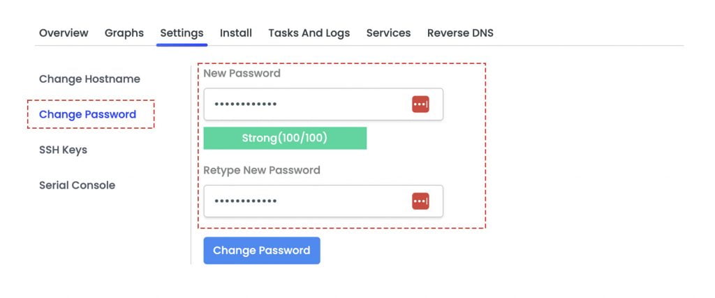 change password and re-enter new vps root password