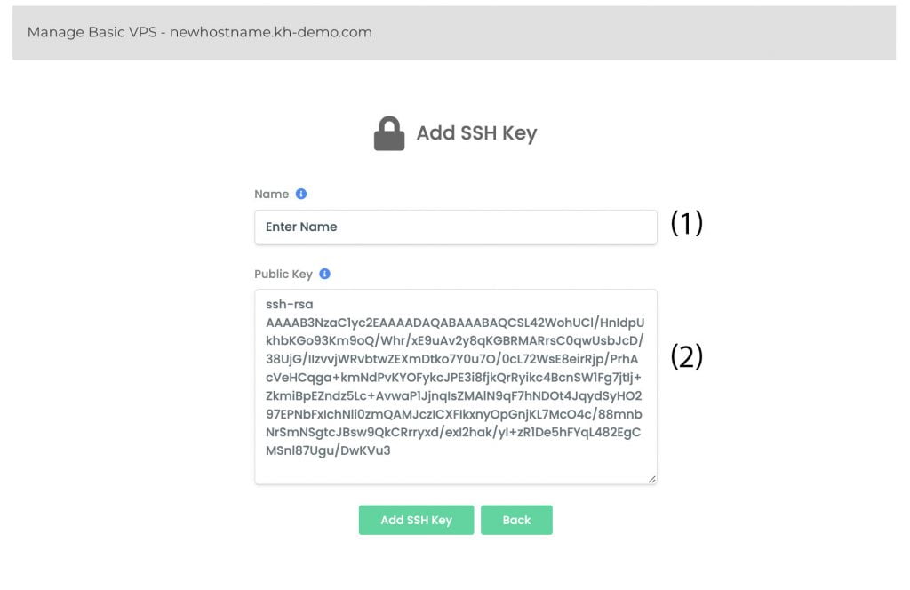 enter name and paste the public key