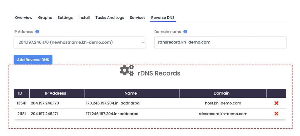 manage rDNS records for vps