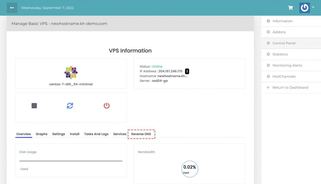 navigate to reverse dns control panel vps
