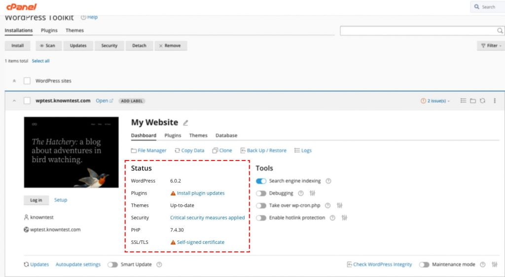 wordpress toolkit status section