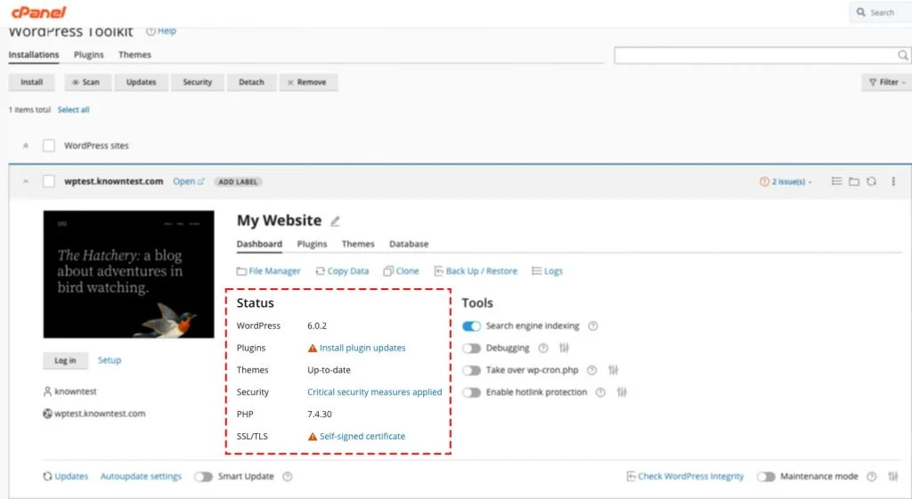 wordpress toolkit status section